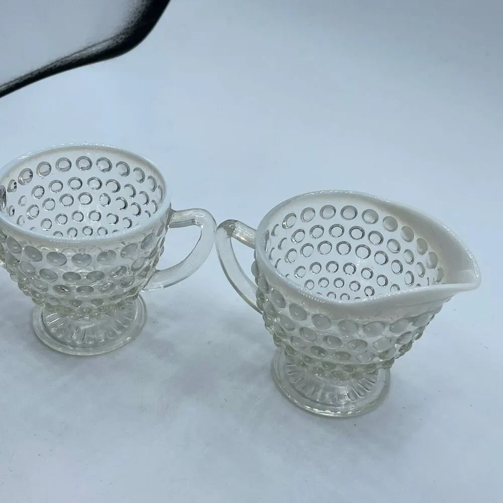 Vintage Anchor Hoking Moonstone Opalescent Hobnail Glass creamer & sugar
